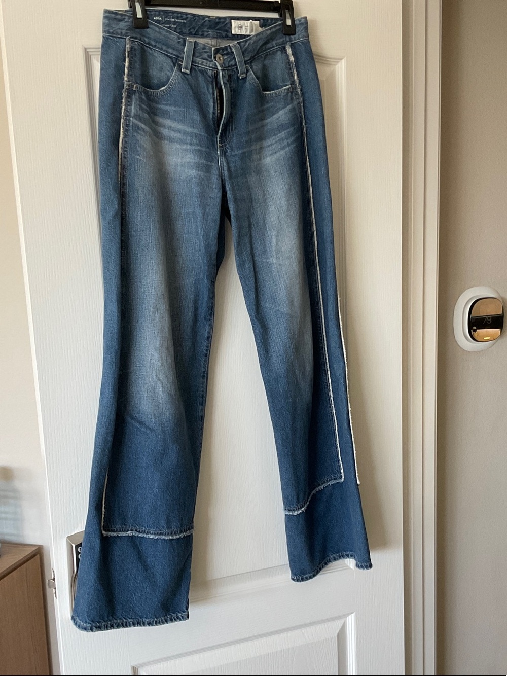 Ag Adriano Goldschmied Two-Tone Blue Flare Jeans with Raw Side Seam